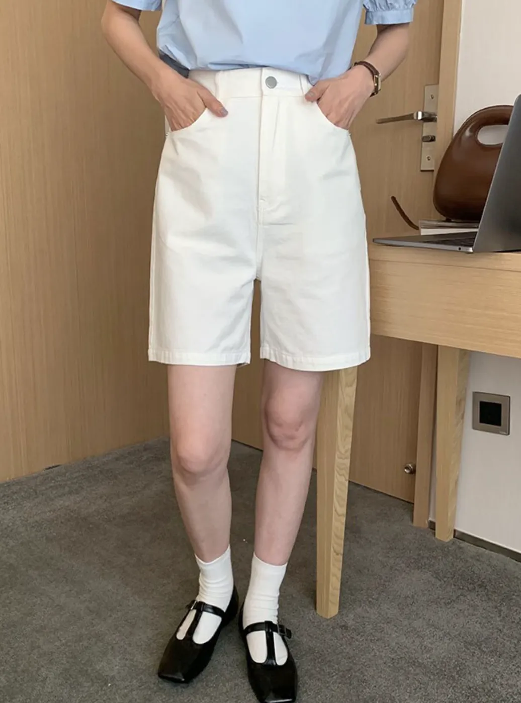 [Korean Style] 4 Colors High Waist Bermuda Denim Shorts